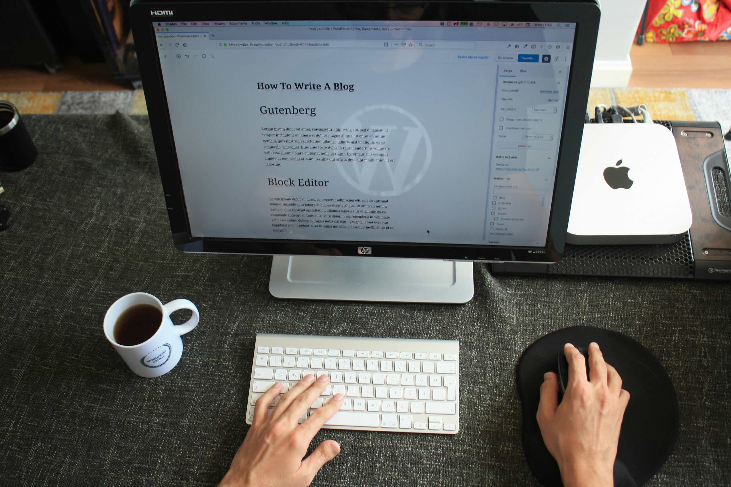 WordPress website content being edited on a desktop computer