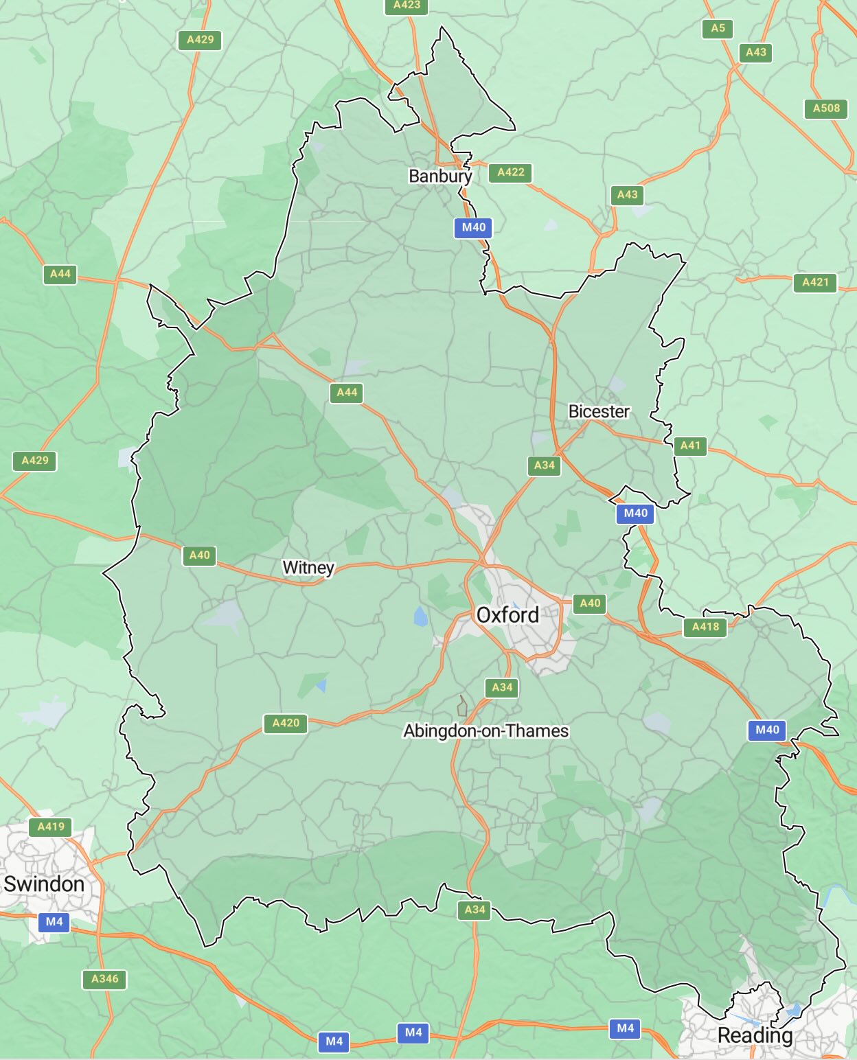 Map of Oxfordshire and the Cotswolds showing web design service areas including Oxford, Banbury, and Silverstone