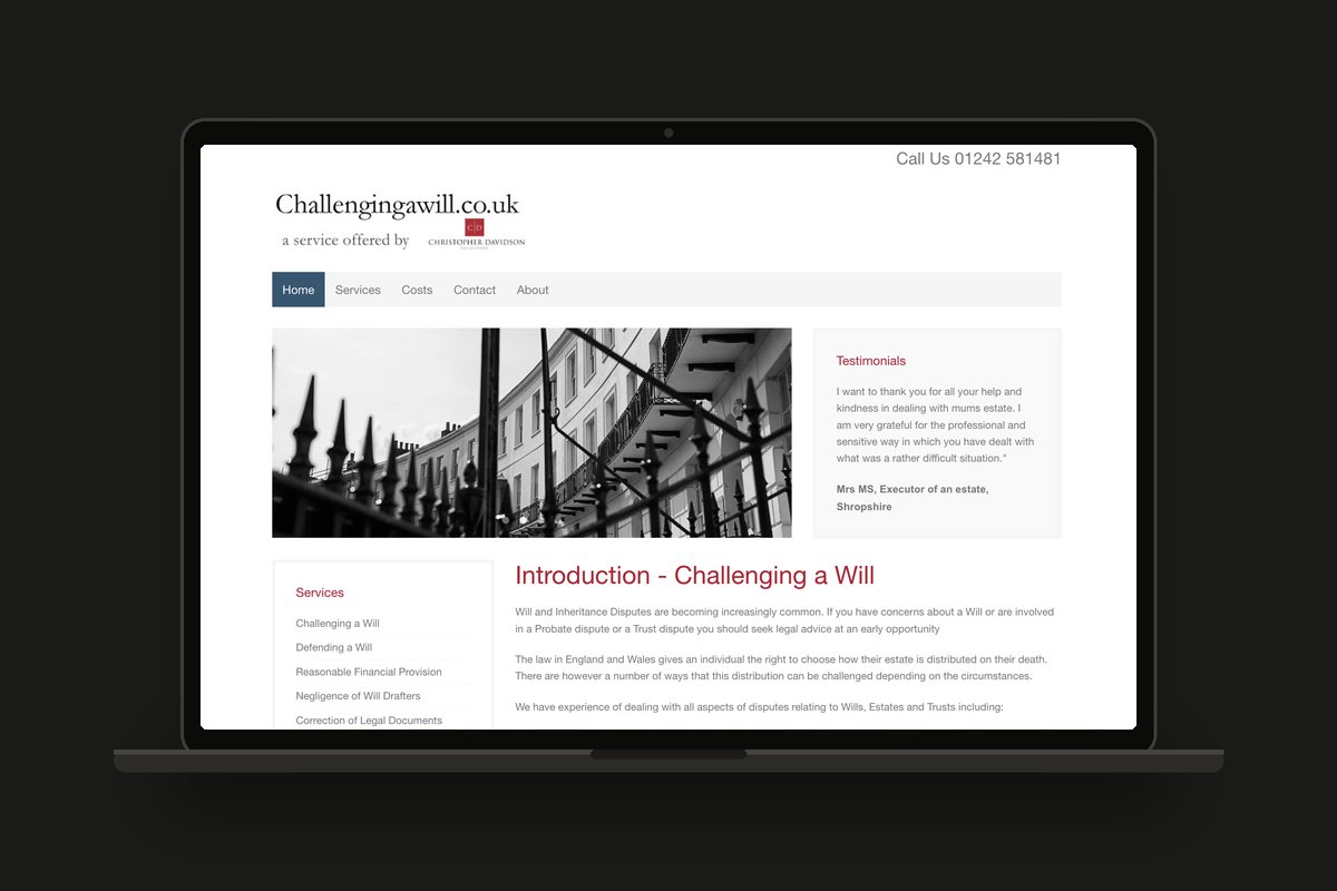 Challenging a Will website by Christopher Davidson Solicitors shown on a laptop