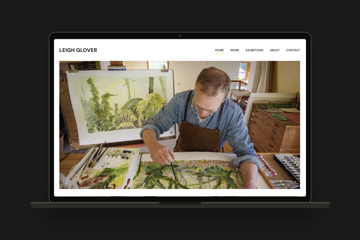 Leigh Glover artist website shown on a laptop