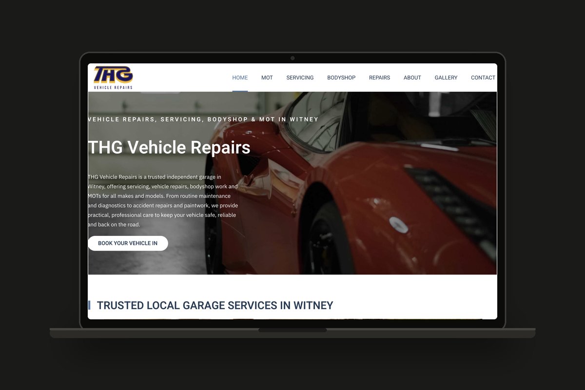 THG Vehicle Repairs Witney garage website shown on a laptop, designed by Swanky Pixels